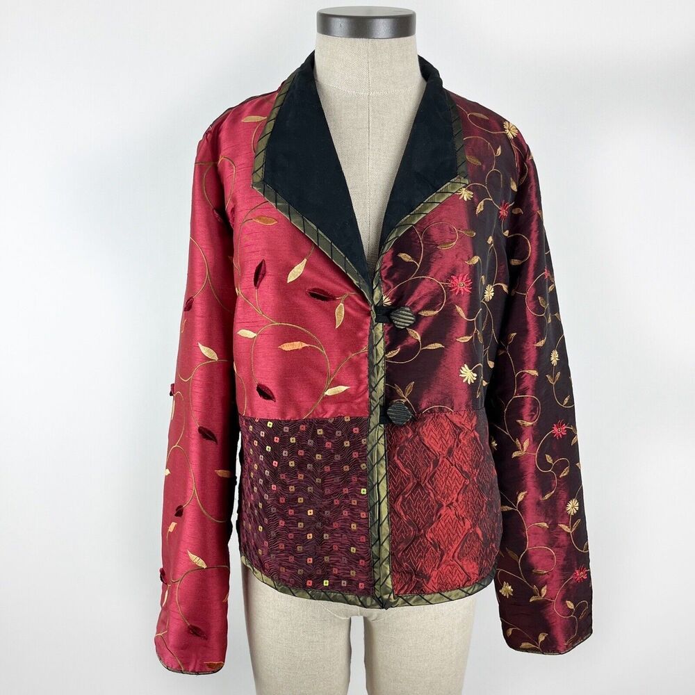 MARY LYNN O'SHEA Red Gold Patchwork 2 Button Art To Wear Jacquard Jacket XS